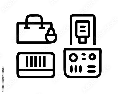 Illustration of shopping bag, barcode, payment terminal