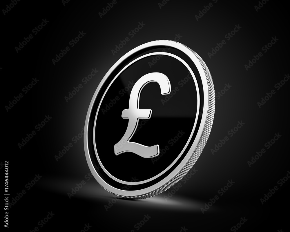 Obraz premium Silver And Black Rounded British Pound Coin On Shiny Silver Glow Background 3d Illustration