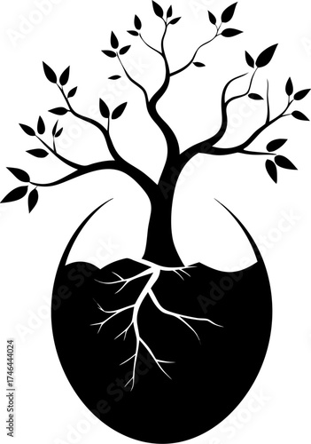 Tree growing from a cracked egg, symbolizing nourishment and life. silhouette  vector black , white background 