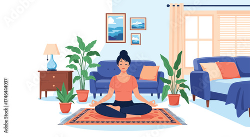 A woman meditating peacefully in her living room surrounded by plants.