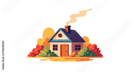 A cozy cottage with smoke coming from the chimney and surrounding trees.