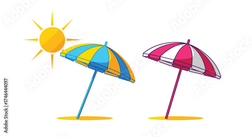 Two umbrellas on a sandy beach under a bright sun.