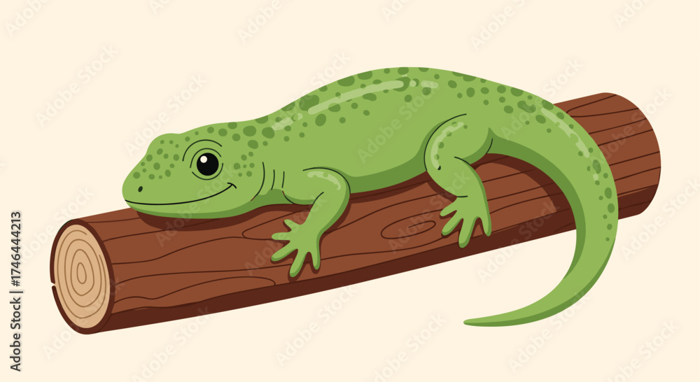 Obraz premium A small green lizard rests on a wooden branch.