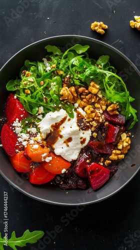 Dark food photography of a gourmet vegetarian beet salad with goat cheese, arugula, and walnuts