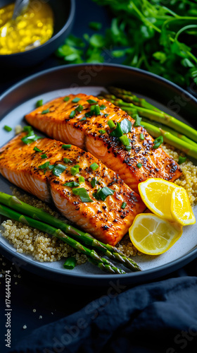 Delicious gourmet baked salmon with asparagus for dinner, a perfect high-protein and clean eating meal
