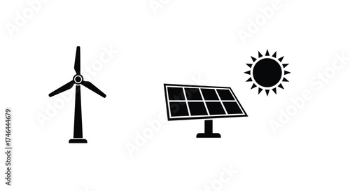 Renewable energy sources illustrated wind turbine solar panel and the sun