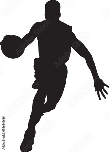 Silhouette of a basketball player dribbling the ball on a white background.
A black silhouette of a male basketball player in motion, dribbling a ball. The background is solid white.
