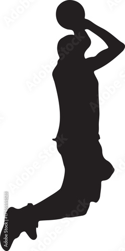 Silhouette of a basketball player dribbling the ball on a white background.
A black silhouette of a male basketball player in motion, dribbling a ball. The background is solid white.