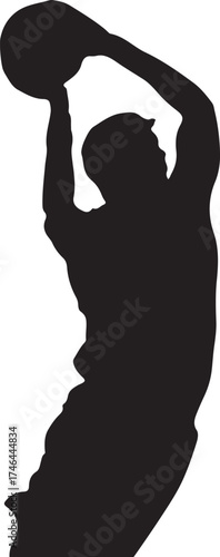Silhouette of a basketball player dribbling the ball on a white background.
A black silhouette of a male basketball player in motion, dribbling a ball. The background is solid white.