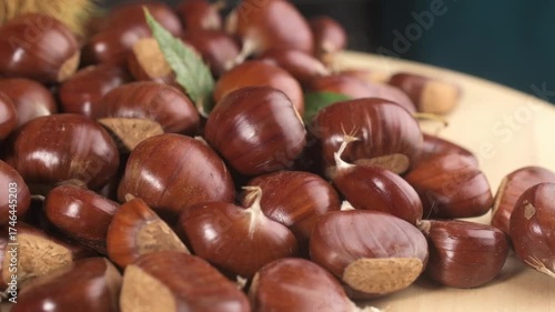 Freshly harvested chestnuts, slow motion panning shot