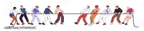 Employees play tug of war. Concept of business competition. Team of office workers pulls rope, competes against another group. Teamwork and confrontation. Flat isolated vector illustration on white