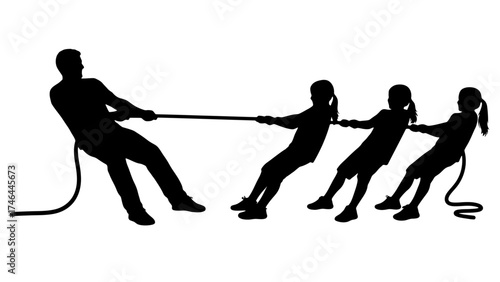 A man competing against children in a tug of war