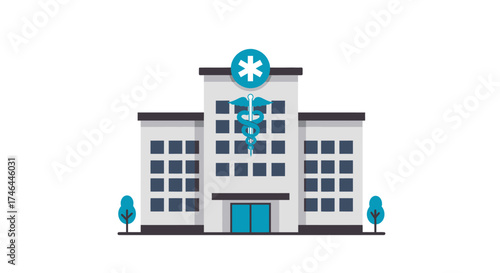 Vector illustration of a modern hospital building with medical symbol