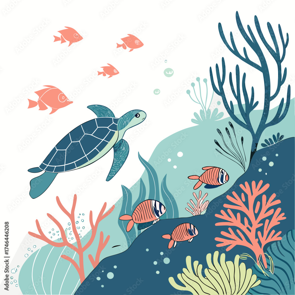 Obraz premium A colorful underwater scene with a sea turtle and various coral reef fish