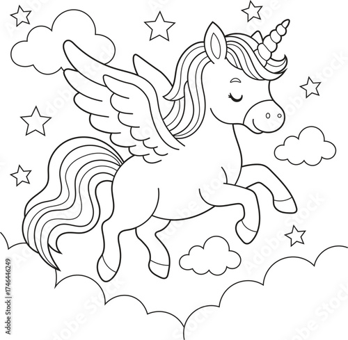 Cute Winged Unicorn Flying in the Sky with Stars and Clouds. Fun Black and White Coloring Page for Kids and Preschoolers
