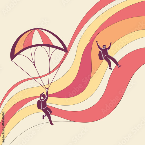 A skydiver descends with a parachute, another one is free falling down