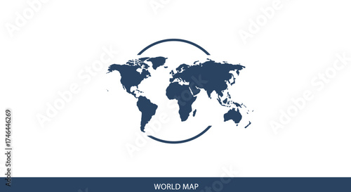 World map illustration within a circular frame on a white background
