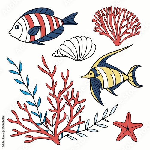 Colorful sea creatures and coral in cartoon style