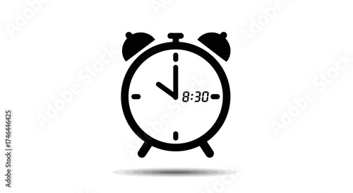 Alarm clock icon depicting time of eight thirty on white background