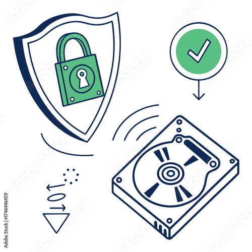 Data security illustration with shield, padlock, checkmark, and hard drive