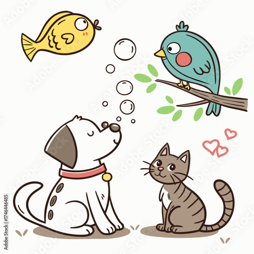 Friendly pets with a dog, cat, bird, and fish