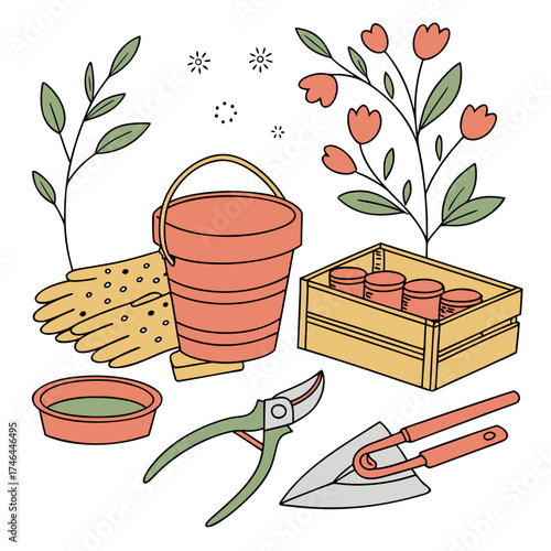 Gardening tools and plants