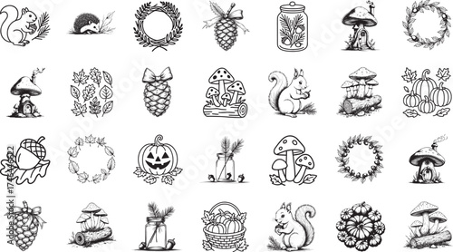 A charming collection of intricate line drawings and sketches of woodland elements: from adorable animals like squirrels to mushrooms. Each element whispers tales of autumn.