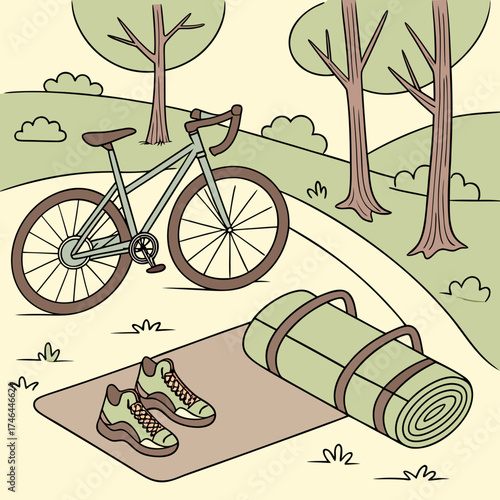 Illustration of bicycle, shoes, and yoga mat in a park on a sunny day