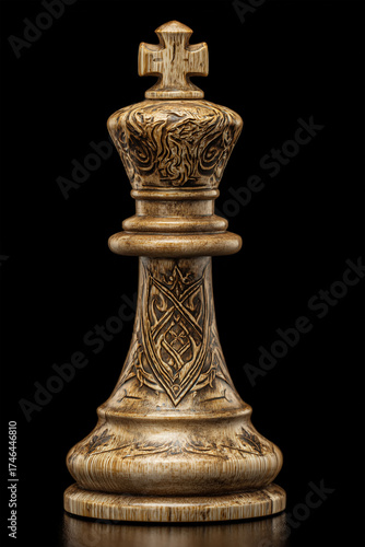 Golden chess king piece isolated on black background