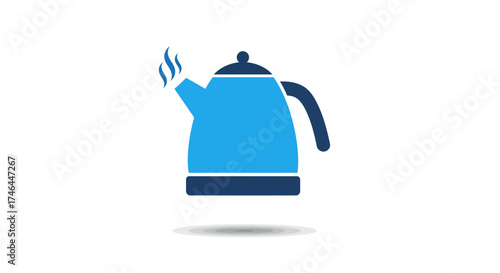 Blue kettle illustration with steam rising against a clean white background