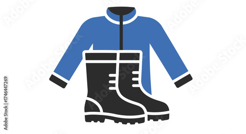 Blue jacket and boots icon weather resistant clothing isolated on white