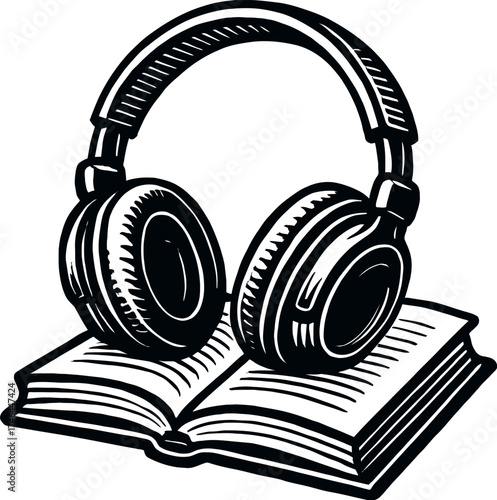 A black and white illustration depicts an open book with a pair of headphones resting on its pages. The image symbolizes the intersection of reading and audio content.