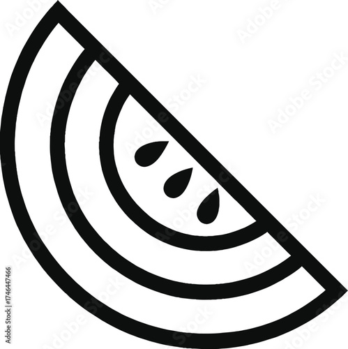 A simple black and white line drawing of a slice of cantaloupe melon, showing three dark seeds within its flesh. The fruit is depicted in a clean, iconic style, isolated on a white background.