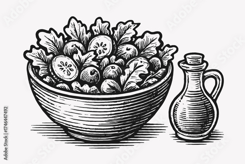 A black and white illustration depicts a bowl brimming with salad greens, sliced cucumbers, and small tomatoes. Adjacent to the bowl is a small glass bottle filled with oil, ready for dressing.