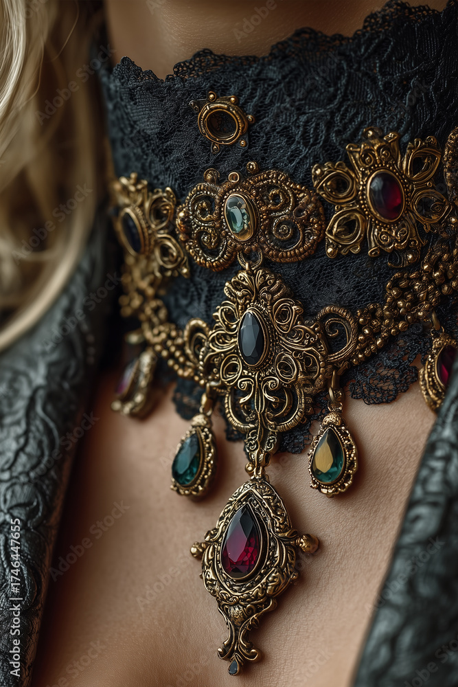 Obraz premium Elegant Lace Choker with Ornate Gold Jewelry and Gemstones