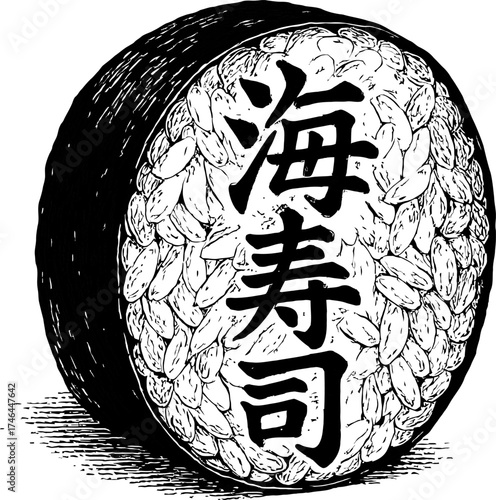 A black and white illustration of a sushi rice ball. The image is a sketch with visible lines and shading. Japanese characters are prominently displayed on the side of the rice ball.