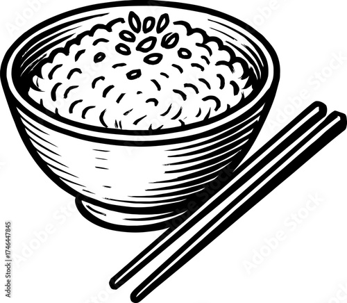 A black and white illustration of a bowl filled with cooked rice and a pair of chopsticks resting beside it. The image depicts a common staple food in Asian cuisine.