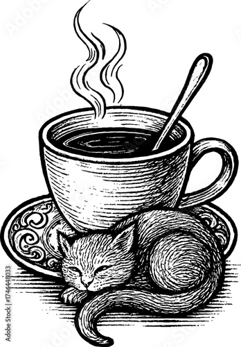A black and white illustration depicts a sleeping cat curled up on an ornate saucer beneath a steaming cup of coffee. The steam rises gently from the cup, creating a warm and cozy atmosphere.