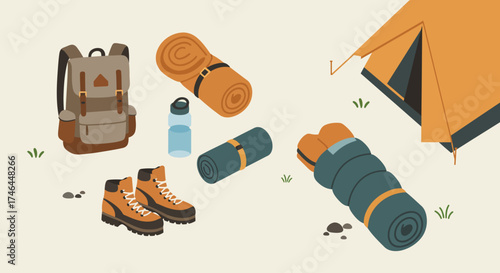A comprehensive flat design illustration showcasing essential hiking and camping gear, including a backpack, boots, and a tent, ready for an outdoor adventure. It represents preparation and equipment 