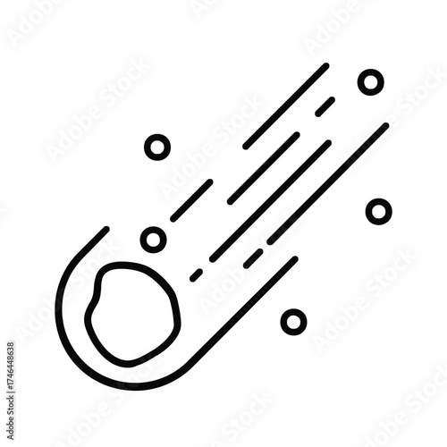 A black and white icon depicting a comet It has a rounded core with a textured interior surrounded by a curved outline Four parallel streaks extend away and four small circles are scattered