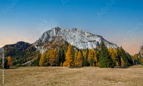Clear skies in a beautiful autumn in the Italian Dolomites in front of the Marmolada