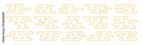 Set of traditional in a golden color Japanese cloud elements in a minimalist line art style