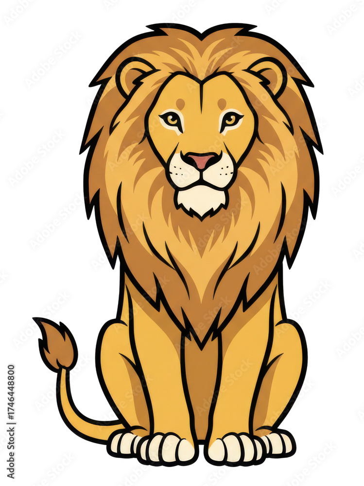 Fototapeta premium Majestic Golden Lion Sitting Confidently Against A Black Background With A Full Mane