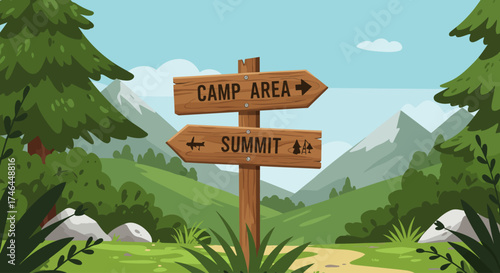 A clear flat design illustration of a hiking trail signpost, guiding adventurers towards a camp area and summit. It represents guidance, choice, and outdoor exploration.