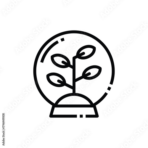 A black and white line art illustration depicts a plant inside a snow globe featuring a base and a spherical transparent cover