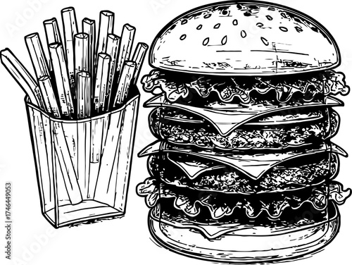 Stack Of Beef Burgers And French Fries In Cardboard Container Detailed Sketch