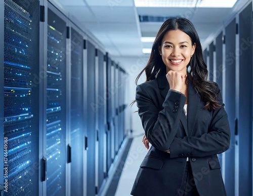 A smiling professional woman poses confidently in a server room, holding her chin. Behind her are rows of server racks