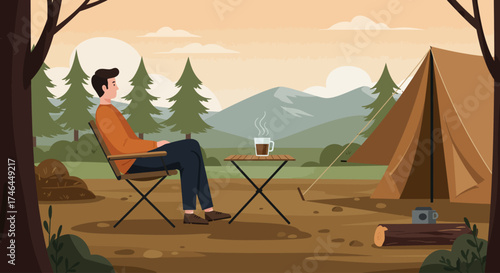 This serene flat design illustration depicts a peaceful morning at a forest campsite, with a person enjoying coffee outside a tent. It evokes tranquility and the refreshing start of a day in nature.