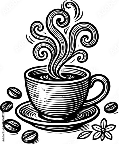 A black and white woodcut illustration of a steaming coffee cup on a saucer, surrounded by coffee beans and a star anise flower. The steam rises in decorative swirls, suggesting warmth and aroma.