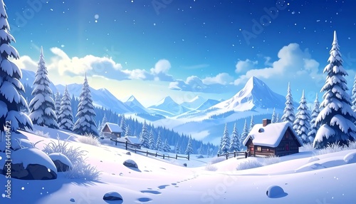 A snowy winter landscape features a small wooden cabin, snow-covered trees, mountains, and a blue sky with falling snow